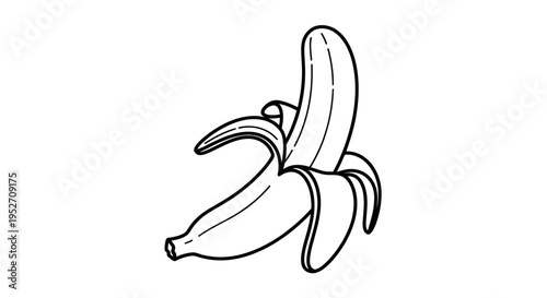 Black and white illustration of a partially peeled banana with isolated background