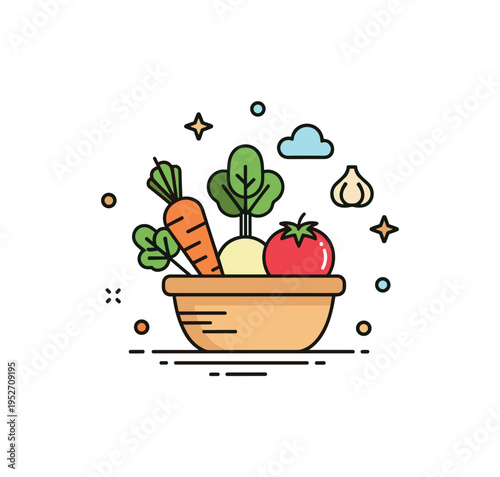 Vegetables fresh harvest concept featuring a small basket filled with simplified carrot, tomato, and leafy greens arranged in a balanced composition. The