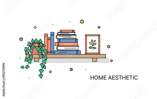 Book shelf with plants urban apartment vibe featuring a simple shelf unit with stacked books, a trailing ivy plant, and a tiny framed print, expressing stylish