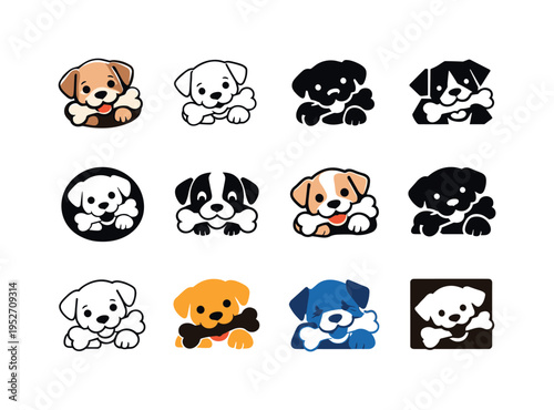 Pets playing with toys. Icon set. Set Logo of pets playing with toys: puppy chewing toy bone. harmonious logo variations of the same emblematic concept, each