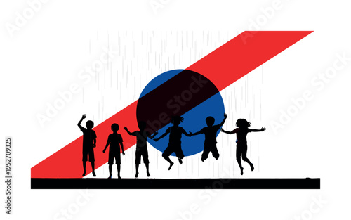 Black and white image of silhouette performing a high cartwheel in open grass field, bold red diagonal block slicing through the background for dynamic