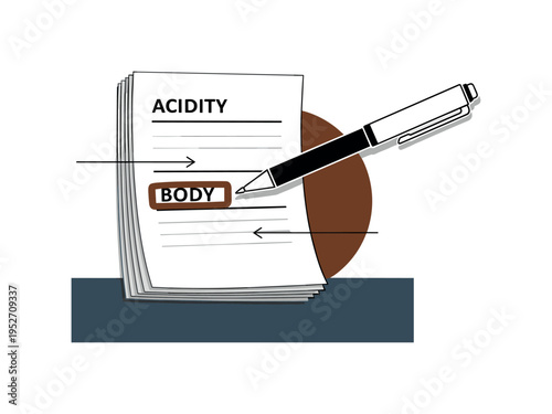 Black and white pen pointing to acidity and body sections on notes sheet, bold cocoa circular accent behind highlighted area, muted navy rectangular base