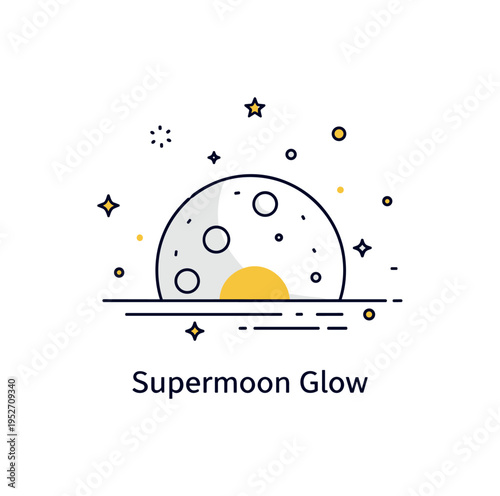 Astronomical events supermoon night theme featuring an oversized moon rising above a simple horizon line with tiny star accents, expressing scale and visual