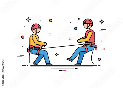 Belaying teamwork scene centered on two simplified figures connected by a rope, highlighting trust, cooperation, and shared responsibility. A warm editorial