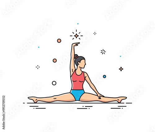 Gymnastics flexibility concept built around a balanced split pose with a small star accent above, symbolizing discipline, control, and advanced mobility