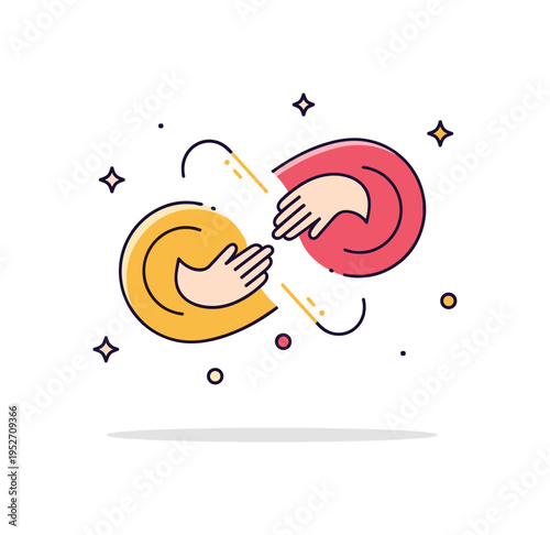 Mind body connection gentle touch between two abstract shapes linked by a glowing line, symbolizing inner balance and integrated wellbeing. Minimalist flat