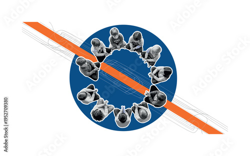 Black and white group of children sitting in a circle playing a clapping game, oversized cobalt blue circle enclosing the group from above, sharp orange