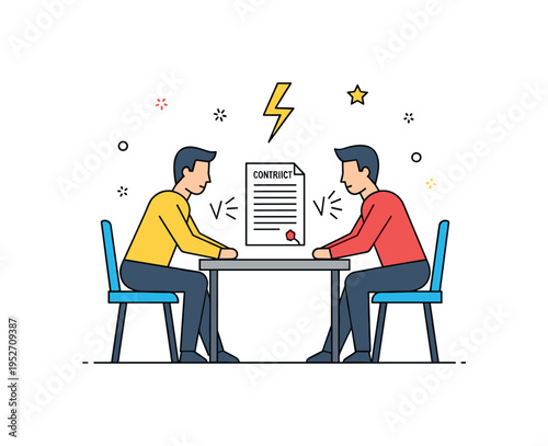 High stakes negotiation two opposing figures seated across a narrow table with a contract between them and subtle lightning bolt accent above, illustrating