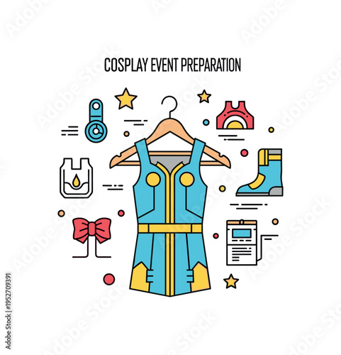 Cosplay event preparation badge featuring a hanger with a completed costume and small accessory icons arranged around it, expressing pride in finished design