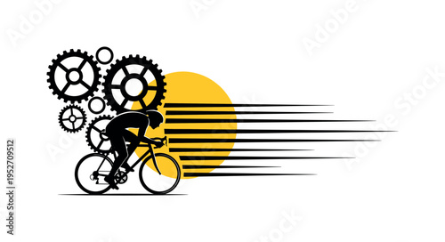 black and white cyclist silhouette with oversized abstract gear shapes behind, bold yellow circle highlighting movement, sharp horizontal lines suggesting