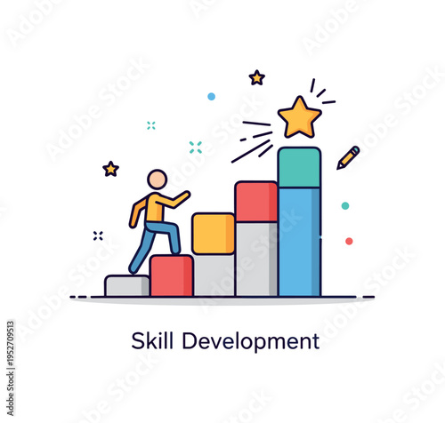Talent growth learning journey illustration featuring a small figure climbing stepped blocks toward a star at the top, symbolizing dedication and structured