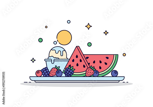 Summer fruits and desserts vibrant plate with sliced watermelon, fresh berries and a small scoop of ice cream melting gently, capturing refreshing sweetness