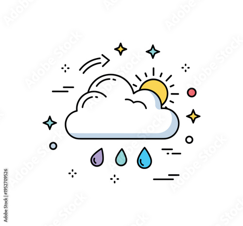 Cloud weather forecast idea centered on a fluffy cloud with small sun and raindrop accents, symbolizing changing conditions and daily predictions. A friendly