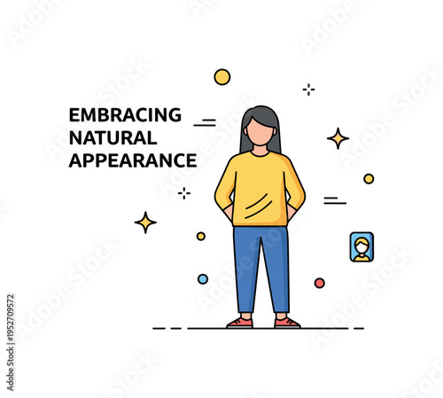 Embracing natural appearance concept shown as a relaxed figure standing confidently without exaggerated proportions, emphasizing authenticity and comfort. The