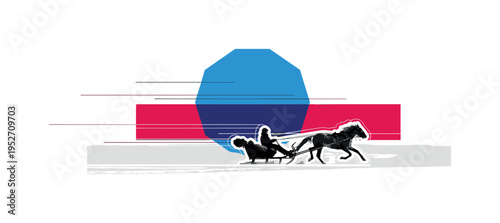 Black and white dynamic winter landscape with sleigh racing across open snowfield, oversized bright blue geometric sun shape offset in sky, rich crimson