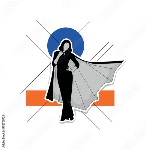 Black and white female magician silhouette with flowing cape forming a sharp geometric shape, bright blue circular halo behind the head, orange horizontal bar