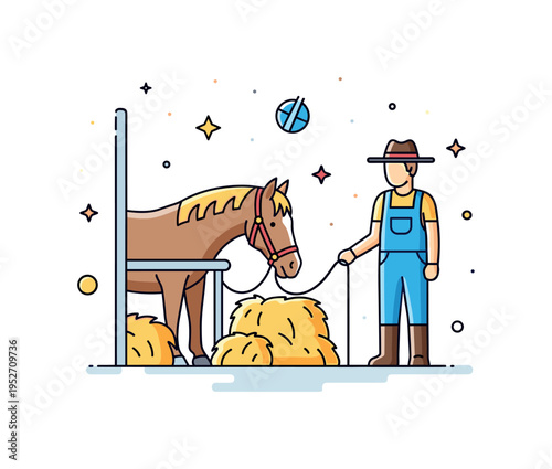 Equestrian stable life compact stall scene with horse calmly eating hay while farmer stands nearby, symbolizing patience, care, and responsible