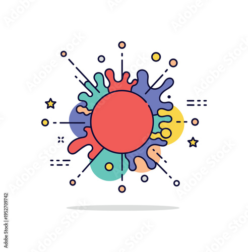 Colorful abstract composition built around a bold central paint splash surrounded by geometric shapes and small decorative dots, expressing creativity,