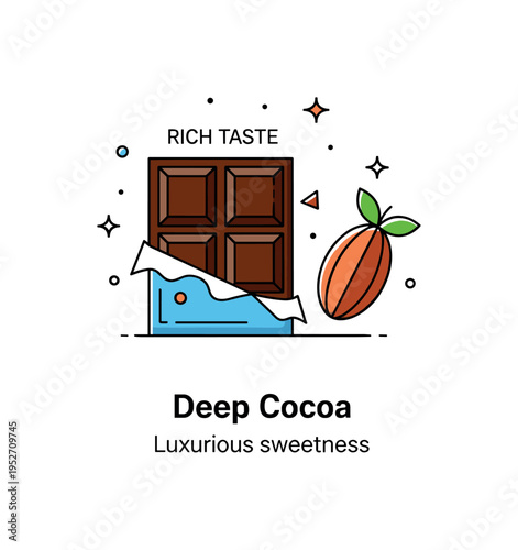 Rich taste premium chocolate moment illustrated by a minimal chocolate square partially unwrapped with a small cocoa bean icon beside it, symbolizing smooth