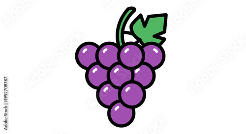 Cartoon grapes illustration with leaf and stem on white background