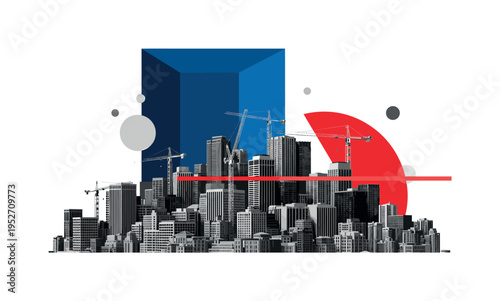 Black and white dense urban block with cranes emerging between buildings, oversized deep blue rectangular block contrasting behind the vertical forms, sharp