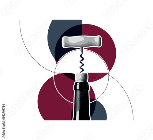 Black and white realistic corkscrew twisting into a wine bottle cork, cut-out effect with white outline around both objects, layered over bold geometric
