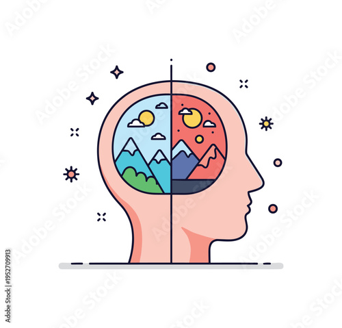 Consciousness and alternate perception concept illustrated by a head silhouette containing two small contrasting landscapes divided by a thin vertical line.