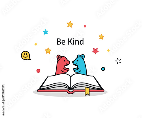 Childrens storybook animal friendship theme centered on a simple open book with two small animal silhouettes facing each other above the pages, symbolizing