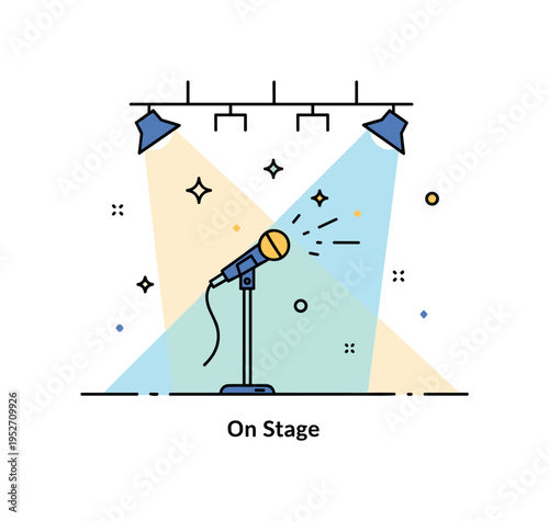 Live concert energetic stage moment with a single microphone on a stand under bold spotlight beams, tiny star accents suggesting sound and atmosphere. A subtle