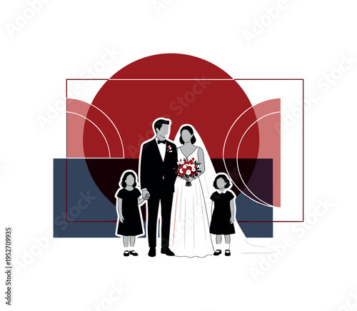 Black and white elegant newlywed couple standing centered with two children beside them, bold deep red geometric circle behind the family symbolizing unity,