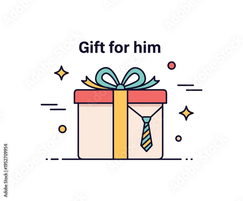 Gift for him featuring a neatly wrapped present with a subtle bow and small tie icon accent, expressing thoughtful selection and personal appreciation. A clean
