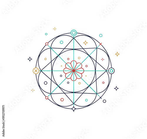 Sacred geometry circle composed of intersecting thin lines forming a harmonious mandala inspired pattern, expressing cosmic order and interconnected energy.