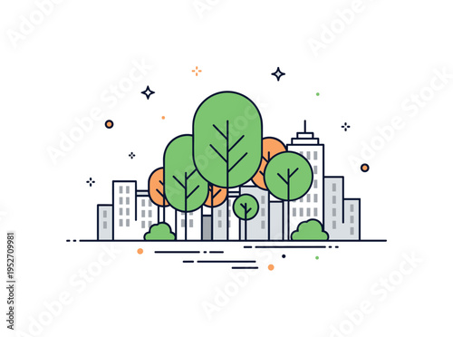 Urban forest integration focused on a cluster of trees growing between simple building silhouettes, symbolizing sustainability, green cities, and ecological