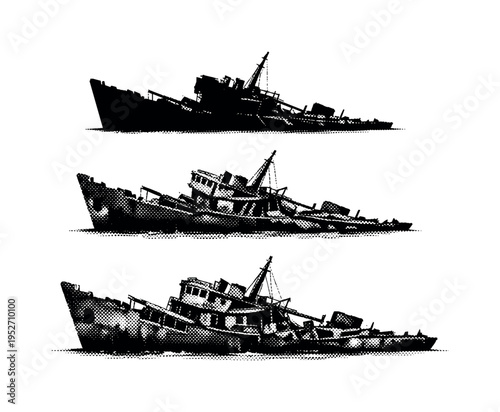 Shipwreck side view ? A damaged shipwreck structure presented as one object in three side-oriented views, focusing on profile silhouette, collapsed deck lines,