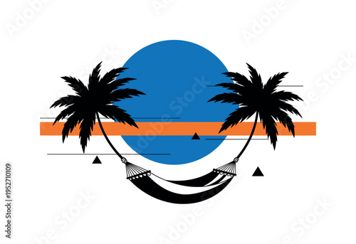 Black and white hammock tied between abstract palm tree shapes, oversized cobalt blue circle dominating the upper frame like a tranquil sky, orange horizontal