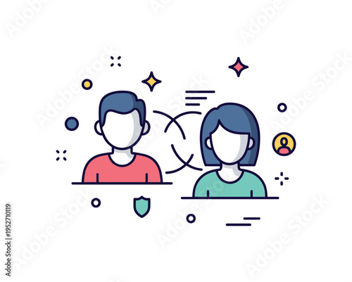 Influencer partnership campaign theme centered on two connected avatar silhouettes with subtle sparkle accents, symbolizing collaboration, endorsement, and