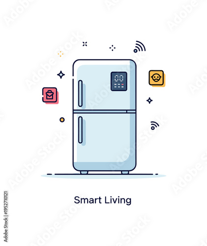 Luxury kitchen gadgets smart refrigerator concept featuring a streamlined fridge with a minimal digital display panel and tiny connectivity icons floating