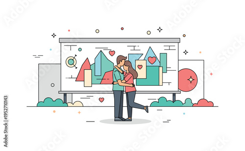 Loving partners embracing in front of public art mural illustrated with simplified geometric wall shapes behind them, symbolizing modern relationships and open