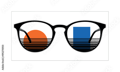 Black and white retro glasses reflecting abstract geometric sunset shapes inside lenses, bold orange semicircle and blue rectangular blocks visible