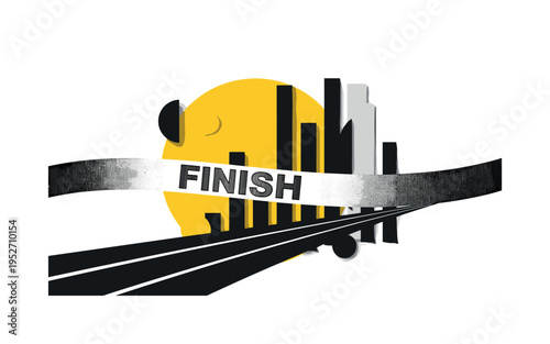 monochrome finish line ribbon stretched across track, overlapping oversized yellow circular backdrop and black abstract bars, fine structured lines and flat