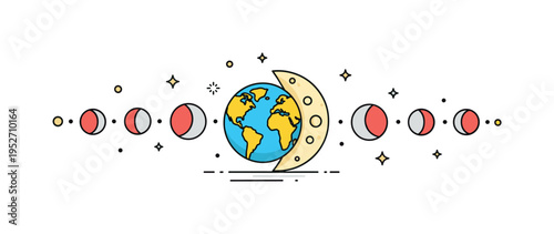 Lunar cycle diagram simplified Earth and Moon with small phase icons surrounding in sequence, conveying astronomical movement and predictable celestial