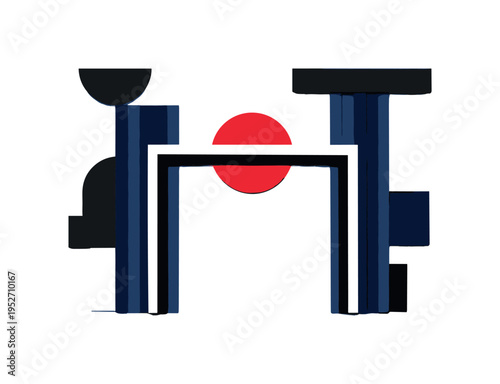 Black and white minimal goal frame isolated centrally, bold red sun-like disc partially hidden behind the top bar, deep navy vertical lines reinforcing
