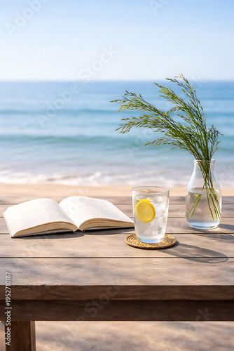 Open book and drink on wooden table at the beach reading