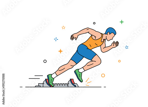 Sprint training drill with a sprinter pushing off from starting blocks expressing preparation, discipline, and performance mindset. Tiny motion sparks near the