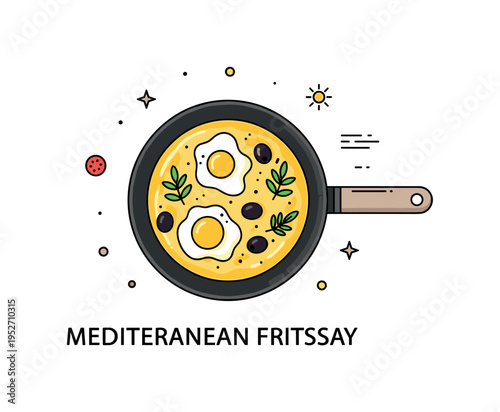 Mediterranean frittata skillet scene showing a simple pan with egg mixture topped by olives and herbs, conveying sunny flavors and traditional cuisine. The