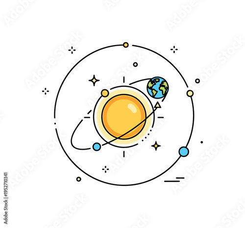 Earth orbital path in space represented by a clean circular trajectory line around a glowing sun with a small globe marked on its route. The compact