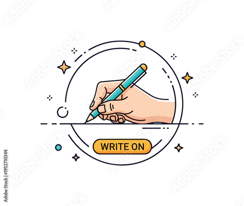 Everyday writing gesture compact badge scene with fingers holding a pen framed in a circular outline and a small label Write On, representing motivation and