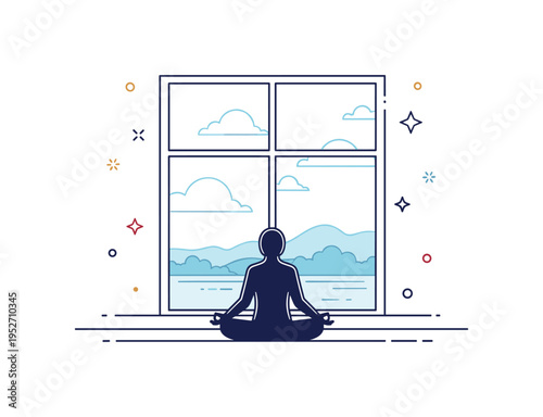 Serene morning meditation space illustrated with a seated silhouette centered in front of a wide window and soft horizon line, expressing openness and inner