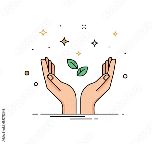 Gentle hands self care ritual concept featuring cupped palms holding a tiny leaf with subtle sparkle accents above. The composition reflects mindfulness,