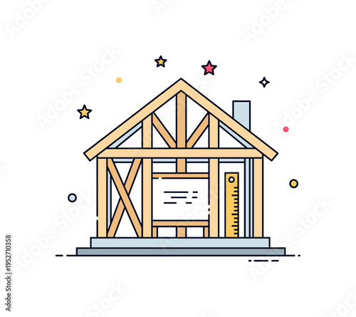 Architectural framing stage depicted by a minimal house skeleton structure with visible beams forming a clear outline, representing construction foundations